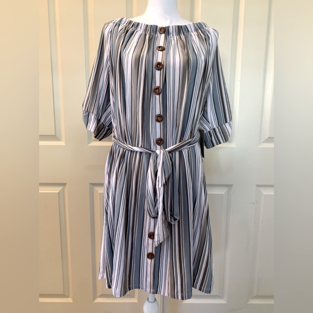 J for Justify Striped Dress with Belt - Black, White, Brown